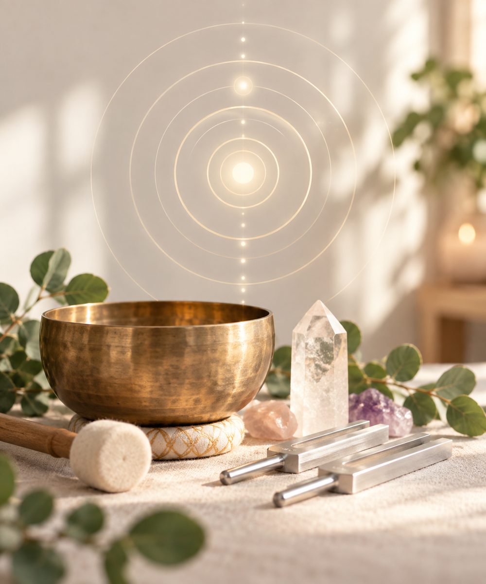 Singing bowl, crystals and tuning forks